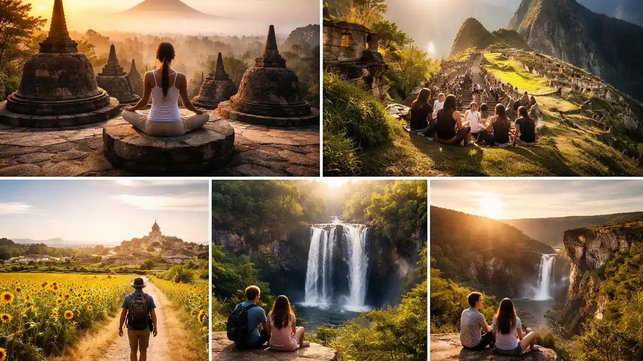 ndia: onde surgiu o yoga e a meditação, atrai muita gente para retiros.Bali (Indonésia): tem templos e uma cultura espiritual forte. Peru: as pessoas têm experiências com culturas antigas e visitam Machu Picchu. Caminho de Santiago (Espanha): é um dos caminhos mais famosos do mundo, e gente de todo tipo faz ele. Brasil: a Chapada dos Veadeiros (GO), Alto Paraíso, Vale do Capão (BA) e lugares em Minas Gerais também estão ficando conhecidos.