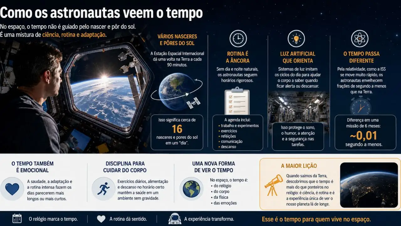 Aqui na Terra, o tempo parece bem simples. O dia amanhece, a noite chega, o relógio marca as horas e a gente segue um ritmo que já conhece. Acordamos de manhã, trabalhamos, estudamos, almoçamos, descansamos e dormimos quando escurece. Mas pra quem está no espaço, a coisa é bem diferente. Lá fora, principalmente na Estação Espacial Internacional, o tempo não é mais só guiado pelo nascer e pôr do sol.Os astronautas veem o tempo de outro jeito porque tudo ao redor deles muda muito mais rápido. Em vez de ter só um dia e uma noite a cada 24 horas, eles podem ver o Sol nascer e se pôr várias vezes no que seria um dia nosso. Isso acontece porque a Estação Espacial Internacional dá uma volta na Terra em mais ou menos 90 minutos. Ou seja, os astronautas passam por muitos momentos de luz e escuridão em pouco tempo. Essa experiência mostra que o tempo não é só o que está no relógio. A gente sente ele no corpo, na mente, na rotina e até pela distância de casa. Um dia que não parece um dia comum Aqui na Terra, o ciclo de 24 horas está bem ligado à nossa vida. Nosso corpo se acostumou, por milhares de anos, a funcionar com a troca entre claro e escuro. Quando o dia clareia, o corpo entende que é hora de acordar. Quando escurece, ele começa a se preparar pra dormir. No espaço, essa referência natural fica toda bagunçada. Na Estação Espacial Internacional, os astronautas veem uns 16 nasceres e pores do sol em um dia só. Pra qualquer um, isso seria incrível de ver. Mas para o corpo, pode ser um problema. Como saber a hora de dormir se o Sol aparece e some toda hora? Por isso, os astronautas não organizam a vida só olhando pela janela. Eles seguem horários certinhos, quase sempre baseados num padrão de tempo que as equipes na Terra usam. Essa organização é importante pra manter o sono, o trabalho, as refeições, os exercícios e a conversa com os centros de controle. O relógio continua importante no espaço Mesmo lá em cima, os astronautas têm agenda. Eles têm hora pra acordar, fazer experimentos, cuidar da estação, se exercitar, falar com a família e dormir. A rotina é bem planejada porque, no espaço, erros pequenos podem estragar tarefas importantes. O relógio, então, serve como uma âncora. Ele ajuda a dar uma sensação de que tudo está normal, num lugar que não tem "manhã" nem "noite" como a gente conhece. Sem uma rotina certinha, o corpo teria mais dificuldade pra se equilibrar, e a cabeça poderia ficar confusa sem referências. A luz artificial também ajuda muito. Em algumas partes da estação, sistemas de luz conseguem imitar diferentes momentos do dia. Isso ajuda o corpo a saber quando é hora de ficar alerta e quando é hora de ir mais devagar. Esse cuidado é importante porque dormir não é só descansar: afeta a memória, o humor, a atenção e a segurança nas tarefas. O tempo também passa diferente para o corpo Além da rotina, tem outra coisa interessante: pela física, o tempo pode mesmo passar um pouco diferente para os astronautas. Isso tem a ver com a teoria da relatividade do Albert Einstein. Falando de um jeito simples, quanto mais rápido algo se mexe, mais devagar o tempo passa pra ele, comparado com quem está parado em outro lugar. A Estação Espacial Internacional voa muito rápido em volta da Terra. Por causa disso, os astronautas sentem um efeito bem pequeno, chamado dilatação do tempo. Ou seja, numa missão, eles podem envelhecer uma fração de segundo menos do que quem ficou aqui na Terra. Mas é bom não exagerar nessa ideia. Não é viagem no tempo como a gente vê nos filmes. A diferença é muito pequena e não muda em nada a vida prática do astronauta. Mesmo assim, isso mostra algo incrível: o tempo não é uma coisa totalmente igual pra todo mundo em qualquer situação. Ele depende de como se mexe, da gravidade e de onde a gente está olhando. A distância muda a sensação de passagem do tempo Para um astronauta, o tempo também pode parecer diferente por causa das emoções. Ficar longe da família, dos amigos e da vida normal na Terra muda como a gente sente os dias. Uma missão pode durar meses, e mesmo com vídeo chamadas e mensagens, a distância é pesada. Alguns momentos podem passar rápido, ainda mais quando a agenda está cheia de coisas pra fazer, pesquisas e manutenção. Outros podem parecer mais longos, principalmente quando bate a saudade ou na fase de adaptação. Assim como aqui na Terra, o jeito que a gente vê o tempo não depende só do relógio, mas também de como a gente está se sentindo. Tem um contraste interessante também. Pela janela, os astronautas veem a Terra inteira passando lá embaixo: oceanos, desertos, cidades, nuvens e tempestades. Em poucos minutos, eles cruzam lugares que, pra gente, parecem longe demais. Essa visão pode dar uma sensação de velocidade e de algo muito grande, difícil de imaginar. Mas, ao mesmo tempo, a rotina dentro da estação é controlada, sempre igual e planejada minuto a minuto. O tempo no espaço exige disciplina Viver no espaço significa lidar com um lugar que não é feito pro nosso corpo. Sem a gravidade que a gente tem na Terra, os astronautas precisam se exercitar todo dia pra não perder músculo nem osso. Eles também precisam seguir horários bem certinhos pra comer, descansar e trabalhar. Essa disciplina ajuda a cuidar da saúde do corpo e da mente. Quando o ambiente lá fora não dá as pistas de tempo que a gente tem naturalmente, a rotina vira a referência. O calendário, o relógio e a luz artificial se tornam ferramentas muito importantes pra manter a vida em ordem. Por isso, para os astronautas, o tempo é bem mais planejado do que algo que acontece sozinho. Aqui na Terra, muita gente se orienta pelo trânsito, pela luz do dia, pelo horário das lojas ou pelo movimento da cidade. No espaço, quase tudo tem que ser programado. Uma nova forma de olhar para o tempo A experiência dos astronautas mostra que o tempo pode ser medido, sentido e vivido de vários jeitos. O relógio continua marcando segundos, minutos e horas, mas a gente percebe tudo diferente quando o lugar não segue mais o ritmo conhecido da Terra. Para eles, um dia não é definido só pelo nascer do sol. O tempo vira uma mistura de ciência, rotina, adaptação e emoção. Tem o tempo do relógio, usado pra organizar a missão. Tem o tempo do corpo, que precisa ser cuidado pra manter o sono e a saúde. Tem o tempo físico, que muda um pouco por causa da velocidade e da gravidade. E tem o tempo emocional, que é a saudade, a expectativa e a experiência única de ver o planeta lá de longe. A maior lição talvez seja essa: o tempo parece comum porque a gente está acostumado. Mas, quando alguém sai da Terra, percebe que até os minutos podem ter outro sentido. Para os astronautas, ver o tempo é também ver como nossa rotina é frágil, como a ciência é forte e como é bonito viver num planeta que gira quietinho no espaço.
