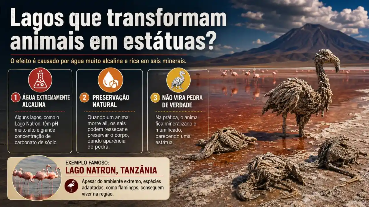 Tem lago que transforma bicho em estátua