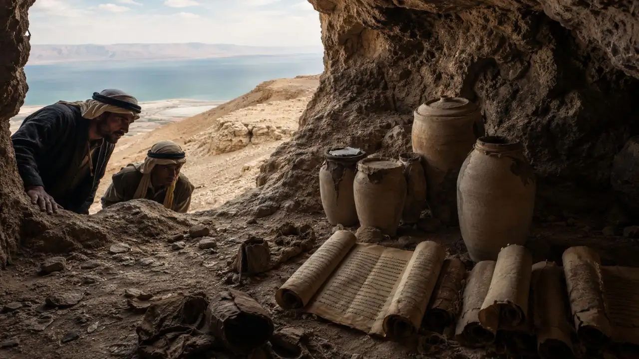 Em 1947, manuscritos antigos foram encontrados em cavernas próximas ao Mar Morto, na região de Qumran.